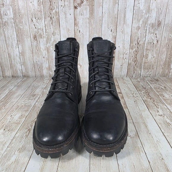 FRYE Mens Black Leather Combat Boots Rugged Lug Sole Military Work Boots 9.5 main image 8